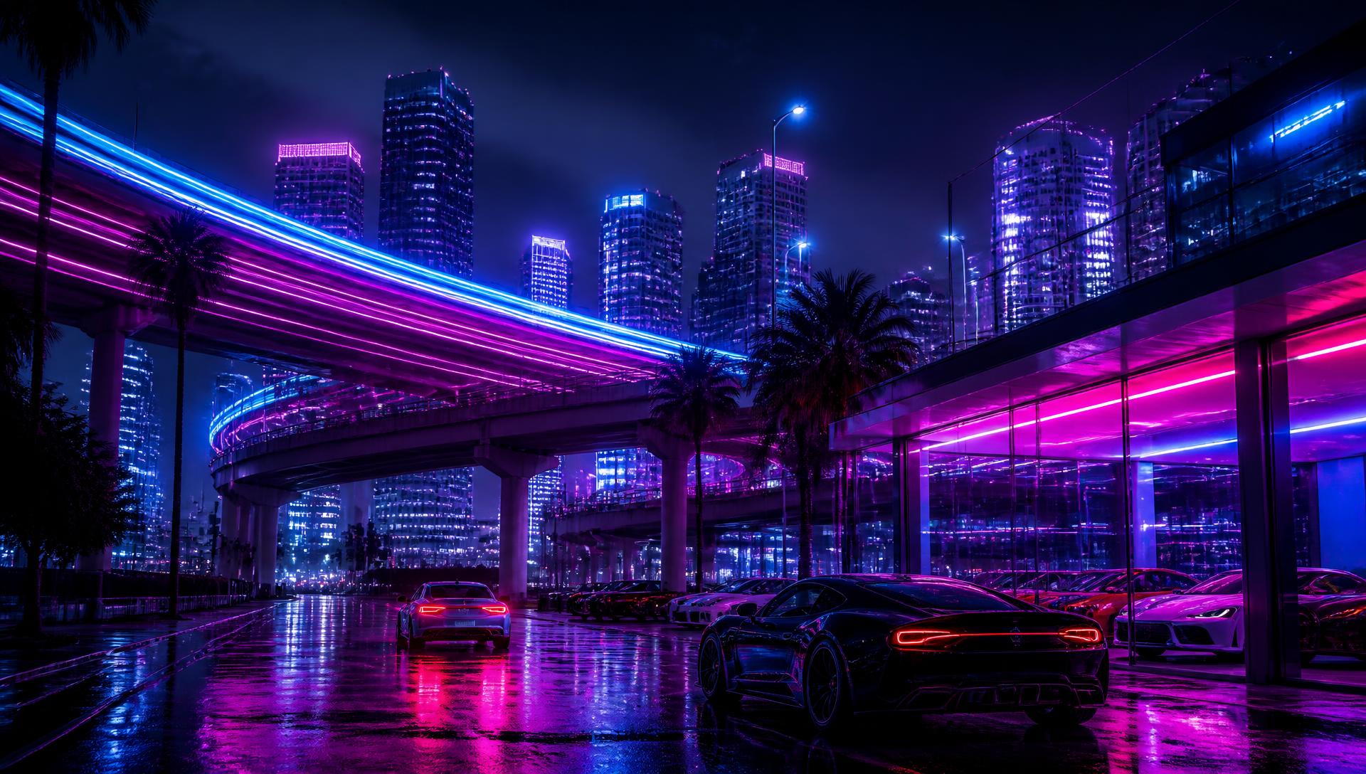 Neon city skyline at night
